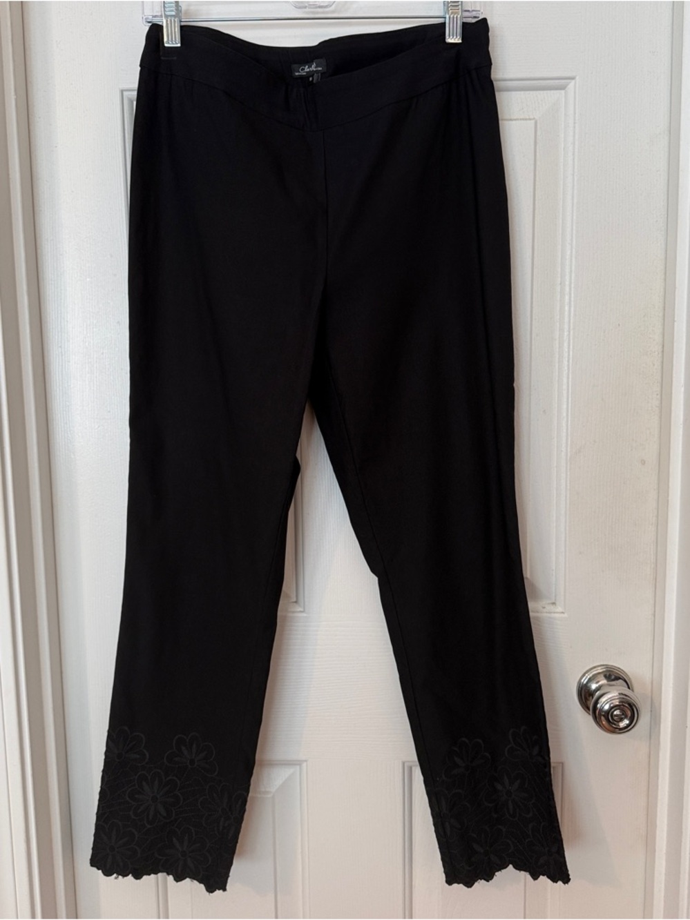 CHARLIE B Black Cropped Pants with Floral Eyelet Hem